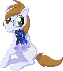 Size: 1156x1300 | Tagged: safe, artist:darkdabula, imported from derpibooru, princess luna, oc, oc only, oc:clicking keys, earth pony, derpibooru community collaboration, 2023 community collab, glasses, looking at you, plushie, simple background, sitting, solo, transparent background