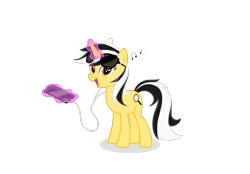 Size: 2360x1640 | Tagged: safe, artist:行豹cheetahspeed, imported from derpibooru, oc, oc only, oc:autumn trace, pony, unicorn, derpibooru community collaboration, 2023 community collab, earbuds, glowing, glowing horn, horn, magic, magic aura, phone, simple background, telekinesis, transparent background, unicorn oc