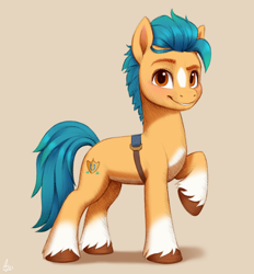 Size: 1020x1100 | Tagged: safe, artist:luminousdazzle, derpibooru exclusive, imported from derpibooru, hitch trailblazer, earth pony, pony, blaze (coat marking), coat markings, colored sketch, cute, facial markings, full body, g5, grin, hitchbetes, male, pale belly, raised hoof, simple background, smiling, socks (coat markings), solo, stallion, unshorn fetlocks