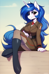 Size: 512x768 | Tagged: safe, editor:kaiser, imported from derpibooru, oc, oc:snowi, anthro, unicorn, ai content, ai generated, background pony, badge, belt, blue mane, breasts, clothes, female, finger, full body, horn, jacket, looking at you, red eyes, shoes, sitting, smiling, solo, unicorn oc, uniform, white pony
