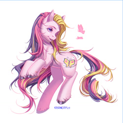 Size: 1280x1280 | Tagged: safe, artist:cbrncrpls, imported from derpibooru, fluttershy (g3), butterfly, earth pony, pony, female, g3, mare, open mouth, signature, simple background, solo, white background