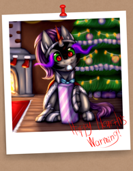 Size: 4800x6144 | Tagged: safe, artist:shkura2011, imported from derpibooru, king sombra, pony, unicorn, christmas, christmas tree, cute, fire, fireplace, holiday, mouth hold, photo, present, solo, sombradorable, tree