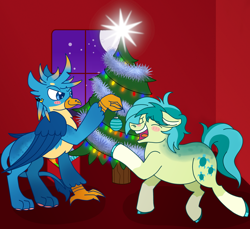 Size: 2246x2060 | Tagged: safe, artist:musical-medic, imported from derpibooru, gallus, sandbar, earth pony, griffon, pony, bauble, blush sticker, blushing, christmas, christmas tree, ear piercing, earring, eyes closed, gallbar, gay, hearth's warming tree, holiday, jewelry, laughing, male, moon, open mouth, open smile, piercing, present, shipping, smiling, smirk, tree, window