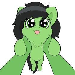 Size: 2000x2000 | Tagged: safe, artist:kumakum, imported from derpibooru, oc, oc only, oc:anon, oc:filly anon, earth pony, human, pony, cute, female, filly, high res, holding a pony, simple background, tongue out, transparent background, upsies, wholesome