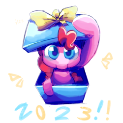 Size: 1024x1024 | Tagged: safe, artist:kukie, imported from derpibooru, pinkie pie, earth pony, pony, 2023, blue eyes, happy new year, holiday, looking at you, present, signature, simple background, solo, white background