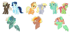 Size: 1112x485 | Tagged: safe, artist:inkprism, imported from derpibooru, applejack, derpy hooves, tree hugger, zephyr breeze, oc, earth pony, pegasus, pony, floating wings, magical gay spawn, magical lesbian spawn, offspring, parent:applejack, parent:derpy hooves, parent:soarin', parent:tree hugger, parent:zephyr breeze, parents:zephyrhugger, pegasus oc, simple background, transparent background, wings