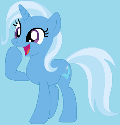 Size: 358x371 | Tagged: safe, artist:jadeharmony, artist:mak2020, imported from derpibooru, trixie, pony, unicorn, blue background, cute, diatrixes, female, mare, open mouth, open smile, raised hoof, simple background, smiling, solo