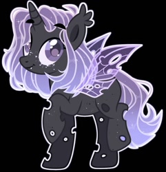 Size: 1060x1100 | Tagged: safe, artist:kreedie, imported from derpibooru, oc, oc only, changeling, changeling queen, base used, black background, changeling oc, changeling queen oc, eyelashes, freckles, purple changeling, raised hoof, simple background, smiling, solo