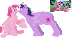 Size: 1280x686 | Tagged: safe, artist:lanternik, edit, imported from derpibooru, screencap, pinkie pie, twilight sparkle, earth pony, pony, unicorn, lesson zero, deviantart watermark, female, mare, obtrusive watermark, redesign, screencap reference, simple background, twilight snapple, unicorn twilight, watermark, white background