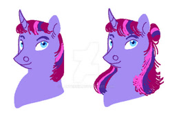 Size: 400x290 | Tagged: safe, artist:lanternik, imported from derpibooru, oc, oc only, pony, unicorn, bust, deviantart watermark, duo, female, horn, magical lesbian spawn, mare, obtrusive watermark, offspring, parent:tempest shadow, parent:twilight sparkle, parents:tempestlight, simple background, unicorn oc, watermark, white background