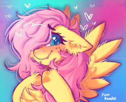 Size: 1551x1260 | Tagged: safe, artist:yumkandie, imported from derpibooru, fluttershy, pegasus, pony, blushing, cheek fluff, chest fluff, crying, cute, cute little fangs, ear fluff, fangs, female, floating heart, folded wings, freckles, heart, heart eyes, hooves together, looking at you, messy mane, shy, shyabetes, signature, smiling, solo, teary eyes, wavy mouth, wingding eyes, wings