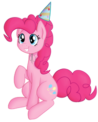 Size: 802x996 | Tagged: safe, artist:laserkitten, imported from derpibooru, pinkie pie, earth pony, pony, birthday, female, hat, mare, party hat, raised hoof, simple background, sitting, smiling, solo, transparent background