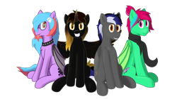 Size: 3840x2160 | Tagged: safe, artist:laykeen, derpibooru exclusive, imported from derpibooru, oc, oc only, oc:enokai, oc:laykeen, oc:noumena, oc:umbr4, alicorn, bat pony, pegasus, pony, derpibooru community collaboration, 2023 community collab, alicorn oc, chest fluff, clothes, collar, horn, scarf, simple background, spread wings, tongue out, transparent background, wings