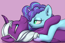 Size: 2423x1616 | Tagged: safe, artist:dumbwoofer, imported from derpibooru, opaline arcana, alicorn, pony, unicorn, spoiler:g5, alternate universe, cuddling, duo, ear fluff, female, g5, good end, high res, lesbian, looking at each other, looking at someone, mare, misty brightdawn, mistyline, nice, semi-incest, shipping, simple background, smiling