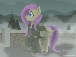 Size: 1600x1200 | Tagged: safe, artist:willoillo, imported from derpibooru, fluttershy, pegasus, pony, clothes, crossover, female, fog, folded wings, jacket, james sunderland, looking at something, looking away, mare, military uniform, open mouth, outdoors, profile, raised hoof, silent hill, solo, standing, uniform, unshorn fetlocks, wings