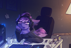 Size: 3000x2000 | Tagged: safe, artist:shad0w-galaxy, imported from derpibooru, oc, oc only, oc:shadow galaxy, pegasus, pony, bags under eyes, chair, clothes, computer, computer mouse, crying, depressed, detailed background, female, food, headphones, high res, hoodie, keyboard, lamp, mare, mousepad, mug, pegasus oc, pills, sandwich, sick, sitting, solo, straw, table, unshorn fetlocks