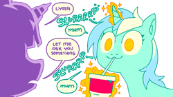 Size: 1470x827 | Tagged: safe, artist:batshaped, imported from derpibooru, lyra heartstrings, twilight sparkle, pony, unicorn, boast busters, :3, big gulp, drinking, drinking straw, duo, female, glowing, glowing horn, horn, l.u.l.s., magic, magic aura, mare, no pupils, simple background, slurp, smiling, solo focus, speech bubble, telekinesis, unicorn twilight, white background