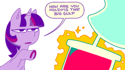 Size: 1470x827 | Tagged: safe, artist:batshaped, imported from derpibooru, lyra heartstrings, twilight sparkle, pony, unicorn, boast busters, big gulp, dialogue, drink, drinking, drinking straw, duo, female, horseshoes, levitation, magic, magic aura, mare, pointing, simple background, speech bubble, telekinesis, unicorn twilight, white background