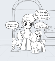 Size: 914x1008 | Tagged: safe, artist:storyteller, imported from derpibooru, oc, oc:omelette, earth pony, unicorn, colt, cute, dialogue, earth pony oc, excited, female, filly, foal, horn, male, monochrome, smiling, speech bubble, stallion, unicorn oc
