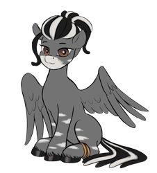 Size: 1132x1254 | Tagged: safe, artist:escapist, imported from derpibooru, oc, oc only, oc:kujivunia, hybrid, pegasus, zebra, zebrasus, derpibooru community collaboration, 2023 community collab, bracelet, dreadlocks, female, hybrid oc, jewelry, mare, pegazebra, simple background, sitting, solo, transparent background, unshorn fetlocks