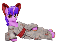 Size: 1600x1200 | Tagged: safe, artist:hiddelgreyk, imported from derpibooru, oc, oc only, alicorn, derpibooru community collaboration, 2023 community collab, alicorn oc, bow, brown eyes, clothes, female, hair bow, horn, kimono (clothing), lying down, mare, purple hair, simple background, solo, transparent background, wings