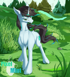 Size: 2278x2472 | Tagged: safe, artist:pixel mint, imported from derpibooru, oc, oc only, oc:pixel mint, pony, unicorn, grass, horn, male, solo, sternocleidomastoid, unicorn oc