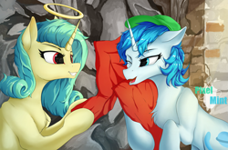 Size: 3229x2133 | Tagged: safe, artist:pixel mint, imported from derpibooru, oc, oc only, oc:blueblaze stardust, oc:seven sister, pony, unicorn, baseball cap, cap, duo, duo female, eye contact, eyebrows, female, grin, halo, hat, high res, horn, looking at each other, looking at someone, mare, one eye closed, open mouth, open smile, signature, smiling, unicorn oc, wink