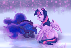 Size: 1240x840 | Tagged: safe, artist:polyblank, imported from derpibooru, princess luna, twilight sparkle, alicorn, pony, comforting, crying, cute, duo, duo female, female, g4, looking at someone, lying down, painting, simple background, sitting, spread wings, support, twilight sparkle (alicorn), wings