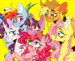 Size: 1805x1458 | Tagged: safe, artist:suruhatsune, imported from derpibooru, applejack, fluttershy, pinkie pie, rainbow dash, rarity, twilight sparkle, alicorn, earth pony, pegasus, pony, unicorn, mane six, simple background, yellow background