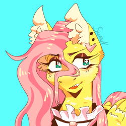 Size: 1378x1378 | Tagged: safe, artist:suruhatsune, imported from derpibooru, fluttershy, pegasus, pony, blue background, blushing, bust, chest fluff, clothes, dress, ear piercing, earring, female, fluttergoth, jewelry, lidded eyes, mare, open mouth, piercing, simple background, skull, wingding eyes