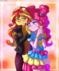 Size: 1680x2040 | Tagged: safe, artist:yuris, imported from derpibooru, pinkie pie, sunset shimmer, human, equestria girls, equestria girls series, spoiler:eqg series (season 2), alternate hairstyle, blushing, churros, clothes, cute, duo, duo female, female, food, lesbian, music festival outfit, shipping, simple background, smiling, sunsetpie