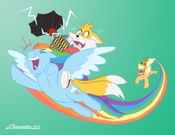 Size: 3300x2550 | Tagged: safe, artist:zannianator, imported from derpibooru, applejack, rainbow dash, anthro, earth pony, fox, pegasus, pony, angry, ashleigh ball, clothes, commission, converse, countershading, crossover, device, fire, flying, frog (hoof), gradient background, green background, hat, high res, laughing, miles "tails" prower, multiple tails, on fire, prank, running, running away, scared, shoes, signature, simple background, sonic prime, sonic the hedgehog (series), tail, terrified, two tails, underhoof, voice actor joke