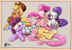 Size: 2739x1922 | Tagged: safe, artist:applephil, imported from derpibooru, applejack, fluttershy, pinkie pie, rainbow dash, rarity, twilight sparkle, earth pony, insect, ladybug, pegasus, pony, unicorn, apple, basket, beige background, blush sticker, blushing, female, floppy ears, food, insect on nose, ladybug on nose, lying down, mane six, mare, on back, sewing machine, simple background, sitting, twilight hates ladybugs, unicorn twilight