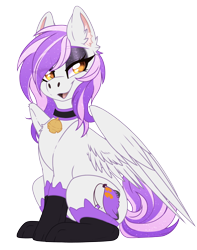 Size: 2530x3209 | Tagged: safe, artist:red_moonwolf, imported from derpibooru, oc, oc only, oc:mewio, pegasus, pony, derpibooru community collaboration, 2023 community collab, bell, bell collar, cat socks, clothes, collar, eyeshadow, female, makeup, mare, open mouth, orange eyes, pegasus oc, purple hair, simple background, sitting, socks, solo, transparent background, white coat