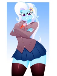Size: 1500x2000 | Tagged: safe, artist:xan-gelx, imported from derpibooru, trixie, human, equestria girls, border, clothes, commission, cosplay, costume, doki doki literature club, eye clipping through hair, female, hand on hip, jacket, lidded eyes, school uniform, skirt, smiling, smug, socks, solo, thigh highs, thigh socks, video game crossover