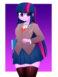 Size: 1500x2000 | Tagged: safe, artist:xan-gelx, imported from derpibooru, twilight sparkle, human, equestria girls, border, clothes, commission, cosplay, costume, doki doki literature club, eye clipping through hair, female, hand on hip, jacket, lidded eyes, school uniform, skirt, smiling, smug, socks, solo, thigh highs, thigh socks, video game crossover