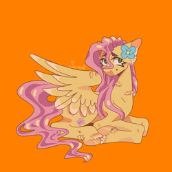 Size: 1280x1280 | Tagged: safe, artist:suruhatsune, imported from derpibooru, fluttershy, pegasus, pony, flower, orange background, simple background, solo