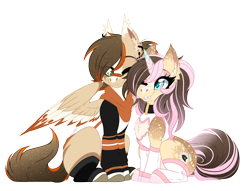 Size: 4448x3407 | Tagged: safe, artist:red_moonwolf, imported from derpibooru, oc, oc only, oc:eclipsed moonwolf, oc:orange lightning, pegasus, pony, unicorn, derpibooru community collaboration, 2023 community collab, clothes, colored wings, duo, ear fluff, fangs, gradient mane, horn, looking at each other, looking at someone, missing cutie mark, pegasus oc, piercing, scar, simple background, socks, transparent background, unicorn oc, wings