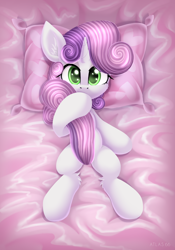 Size: 3500x5000 | Tagged: safe, alternate version, artist:atlas-66, imported from derpibooru, sweetie belle, pony, unicorn, bed, covering, cute, diasweetes, female, filly, foal, solo, tail, tail between legs, tail covering