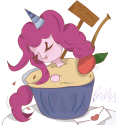 Size: 2620x2820 | Tagged: safe, artist:bridge, artist:bridge ngm, imported from derpibooru, pinkie pie, earth pony, pony, autograph, board, cherry, cupcake, eye clipping through hair, eyes closed, food, hat, heart, ibispaint x, leaf, letter, open mouth, plate, simple background, smiling, solo, white background