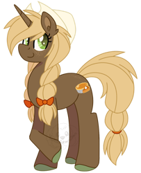 Size: 800x985 | Tagged: safe, artist:katsuforov-chan, imported from derpibooru, oc, oc only, oc:pumpkin spice, unicorn, au:equuis, bow, braid, braided tail, colored pupils, cowboy hat, female, freckles, hair bow, hair tie, hat, hooves, horn, looking at you, mare, simple background, smiling, solo, tail, transparent background, unicorn oc, watermark