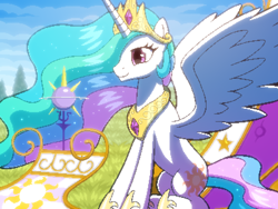 Size: 800x600 | Tagged: safe, artist:rangelost, imported from derpibooru, princess celestia, alicorn, pony, cyoa:d20 pony, chariot, crown, cyoa, ethereal mane, jewelry, offscreen character, pixel art, regalia, solo, story included