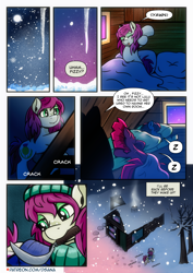 Size: 2480x3508 | Tagged: safe, artist:dsana, imported from derpibooru, fizzlepop berrytwist, tempest shadow, oc, oc:lullaby dusk, oc:thistledown, earth pony, pegasus, pony, unicorn, comic:a storm's lullaby, bag, bed, earth pony oc, female, filly, foal, icicle, mare, ominous, pegasus oc, saddle bag, sleeping, snow, snowfall, tree