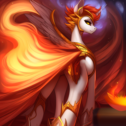 Size: 1280x1280 | Tagged: safe, editor:mr-bat, imported from derpibooru, daybreaker, alicorn, pony, abstract background, ai content, ai generated, anatomically incorrect, armor, butt, covering, crown, fire, generator:stable diffusion, hoof shoes, horn, incorrect leg anatomy, jewelry, looking at you, missing cutie mark, orange mane, pony ears, rear view, regalia, slit pupils, smiling, solo, spread wings, tail, tail of fire, wings