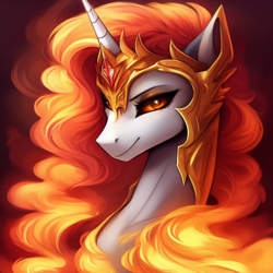 Size: 768x768 | Tagged: safe, editor:mr-bat, imported from derpibooru, daybreaker, alicorn, pony, ai content, ai generated, armor, bust, crown, gem, generator:stable diffusion, jewelry, looking at you, pony ears, portrait, regalia, smiling, solo, sternocleidomastoid, the quality of ai art is frightening