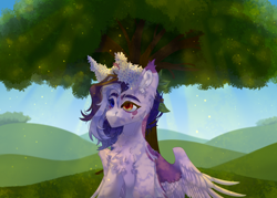Size: 3500x2500 | Tagged: safe, artist:medkit, imported from derpibooru, oc, oc only, oc:wendy levitar, pegasus, pony, big eyes, blue sky, calm, chest fluff, complex background, crepuscular rays, dappled sunlight, day, ear fluff, eyeliner, eyes open, eyeshadow, feather, female, fluffy, foliage, grass, heterochromia, high res, hill, leaves, lilac, looking up, makeup, mare, paint tool sai 2, partially open wings, particles, pegasus oc, short mane, sitting, sky, solo, sunny day, tassels, tree, wings