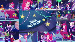 Size: 1280x721 | Tagged: safe, editor:quoterific, imported from derpibooru, pinkie pie, rosette nebula, sci-twi, sunset shimmer, twilight sparkle, human, equestria girls, twilight under the stars, spoiler:eqg series (season 2), arms in the air, atomic chocolate cake, balloon, balloon animal, confetti, cupcake, eyes closed, food, hug, idea, nervous, one eye closed, poster, wink