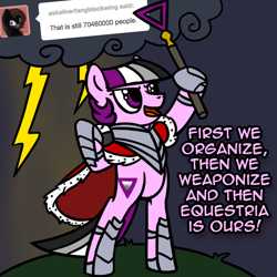 Size: 800x800 | Tagged: safe, artist:thedragenda, imported from derpibooru, oc, oc:ace, earth pony, pony, ask-acepony, bipedal, costume, earth pony oc, female, hoof hold, king sombra costume, lightning, mare, raised hoof, scepter, solo, standing on two hooves
