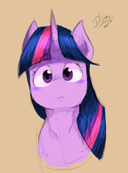 Size: 1863x2518 | Tagged: safe, artist:dariosparks, imported from derpibooru, twilight sparkle, pony, unicorn, blushing, bust, looking at you, simple background, solo, tan background, unicorn twilight
