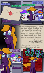 Size: 1920x3168 | Tagged: safe, artist:alexdti, imported from derpibooru, oc, oc only, oc:bright comet, oc:purple creativity, oc:violet moonlight, pegasus, pony, unicorn, comic:quest for friendship, bowl, colt, comic, dialogue, ears back, female, filly, foal, folded wings, glasses, high res, hoof hold, hooves, horn, letter, lidded eyes, looking at someone, male, mare, mother and child, mother and daughter, mother and son, one eye closed, open mouth, pegasus oc, pinpoint eyes, reading, shocked, shocked expression, siblings, speech bubble, standing, tail, twilight sparkle's cutie mark, twins, two toned mane, unicorn oc, wall of tags, wavy mouth, wings, yelling